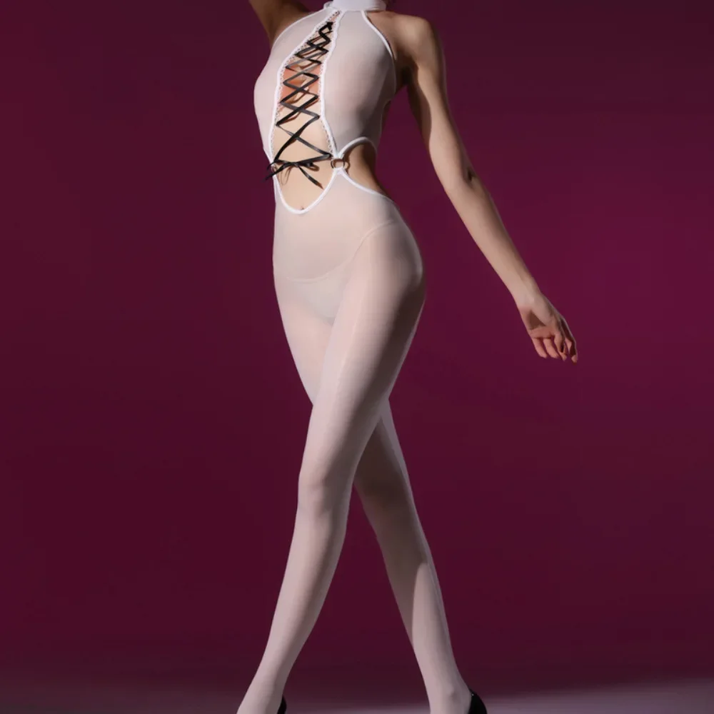 Mono Sexy calado de vendaje para mujer, traje elástico ajustado con espalda descubierta y brillante al óleo, leotardo transparente para Cosplay de sirvienta