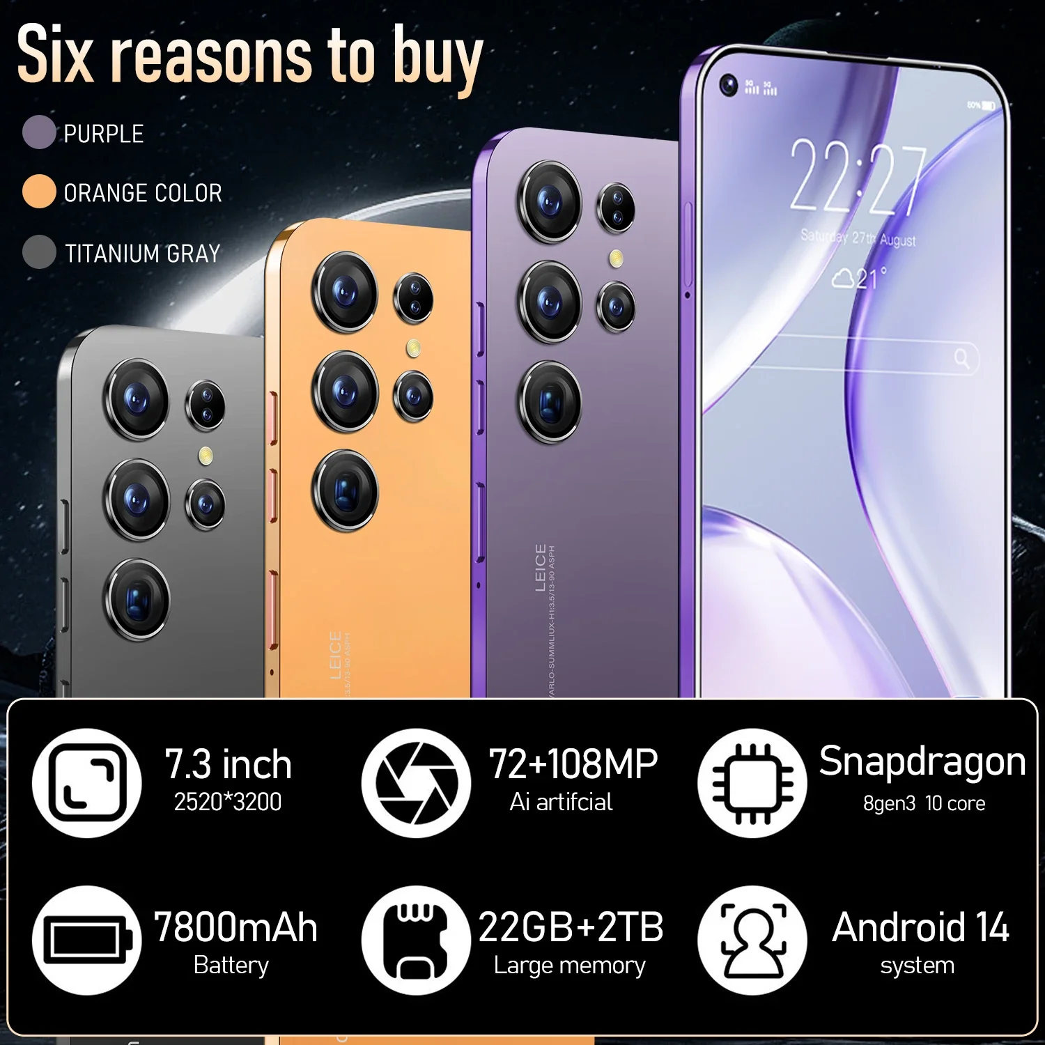 S25 Ultra Smartphone 7.3inch HD Front 72 million Pixels camera 108million HD rear camera Android14 Face Unlocked mobilephone