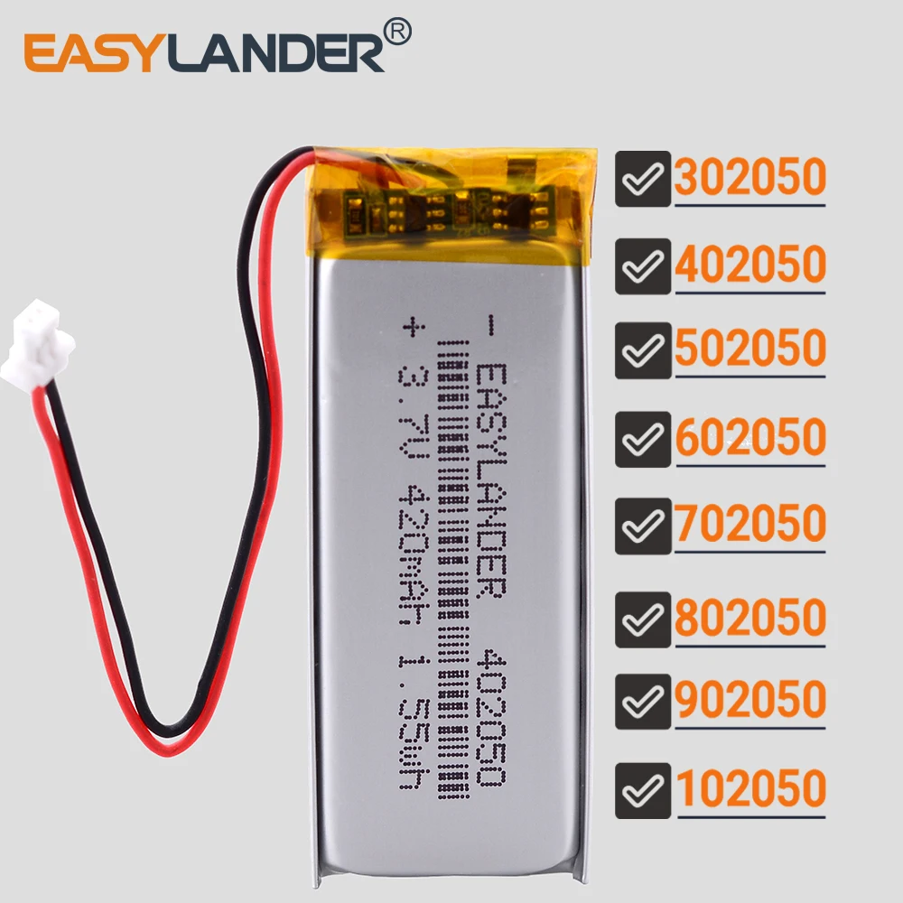 JST 1.0 مللي متر 2 دبوس 3.7 فولت 700 مللي أمبير 702050 ليثيوم بوليمر يبو بطارية قابلة للشحن 302050 402050 502050 602050 802050 902050 102050