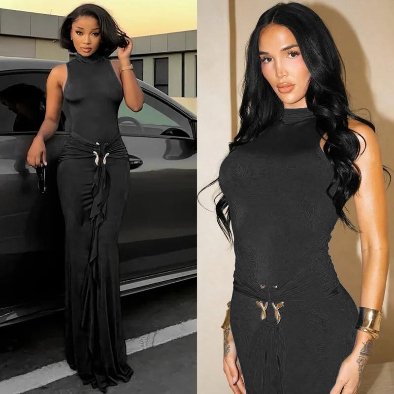 

Summer Elegant Long Dress For Women Sleeveless Turtleneck Bodycon Design With Ribbon And Metal Waist Detail Party Banquet Look