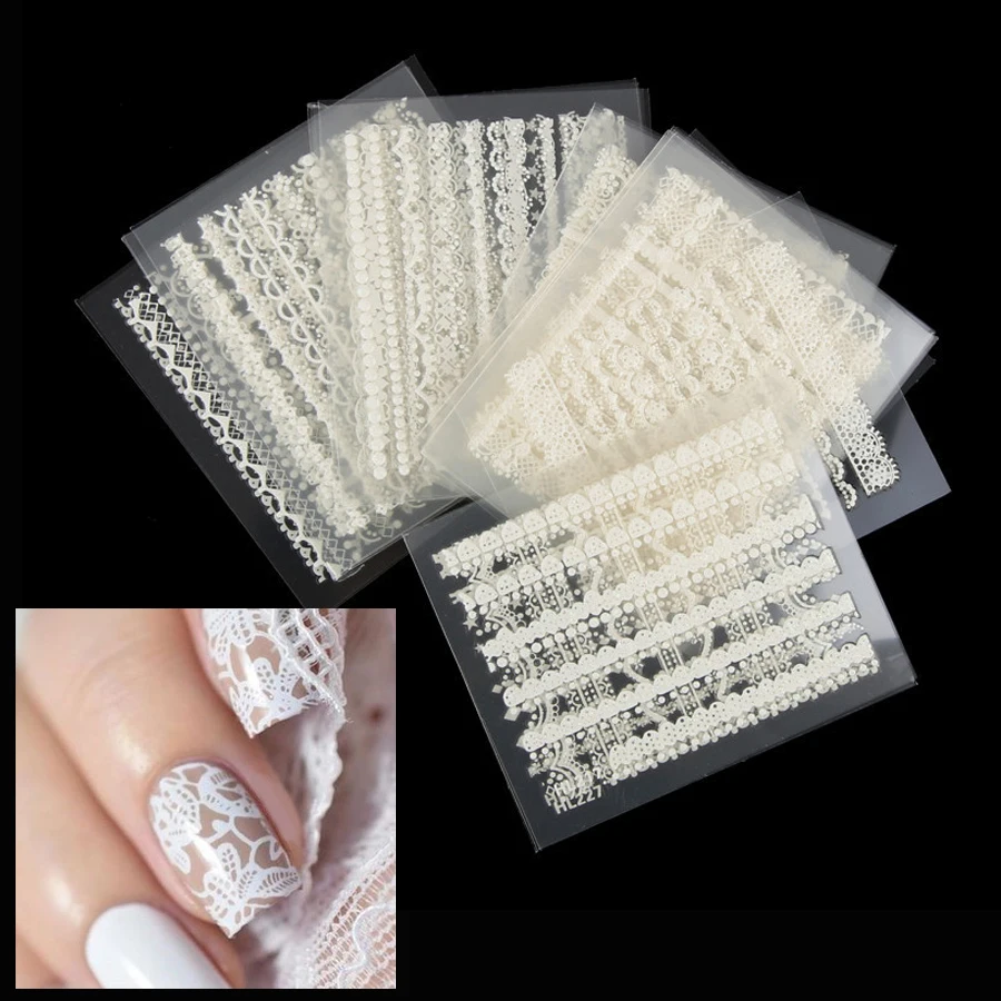 30Pcs White Lace Nail Stickers with Floral Designs, 3D Nail Decals for DIY Nail Art Decoration