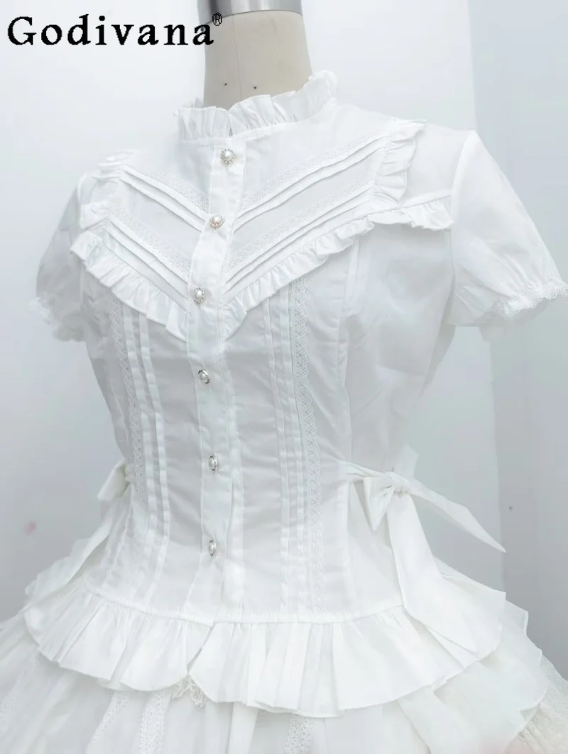 

Japanese Original Lolita Bowknot Shirt Sweet Girl Tie Waist Stand Collar Puff Sleeve White Short Sleeve Shirt