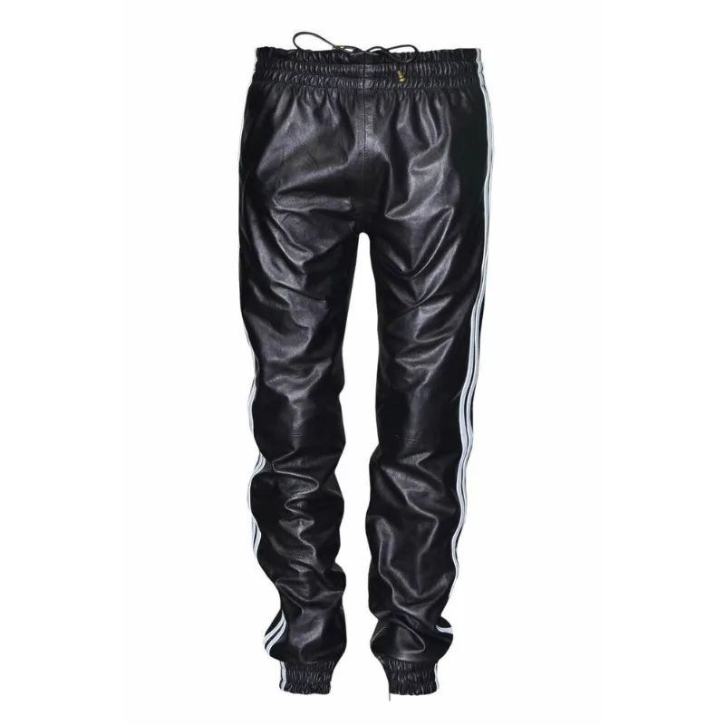 Men's Black Leather 100% Genuine Sheepskin Sports Pants European and American Fashion Trends