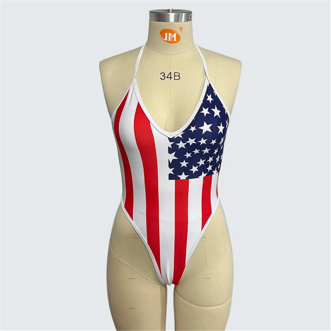 S - XXL, Badeanzug mit Flaggenmuster, trägerloses Design, hoher Beinausschnitt, einteiliger Badeanzug für Damen, Badebekleidung, Monokini, gepolsterter Badeanzug, Badeanzug, Modell V7542. – Detail 8