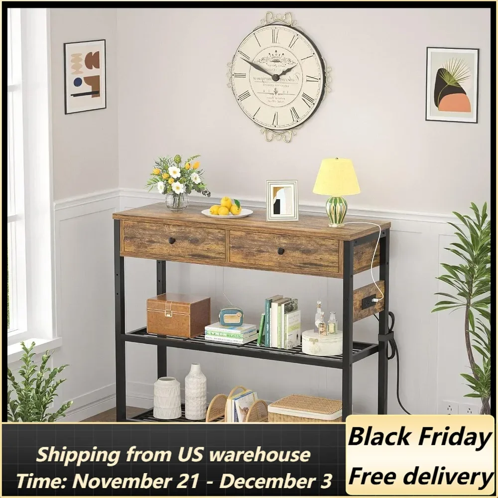

Entryway Table with Outlets and USB Ports, Console Table with 2 Drawers, Small Sofa Table with Storage Shelves for Living Room