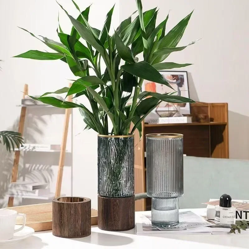 1pcs Light Luxury High-end Wooden Glass Vase Decoration Ins Living Room Decoration Flowers Hydroponic Vase Decoration