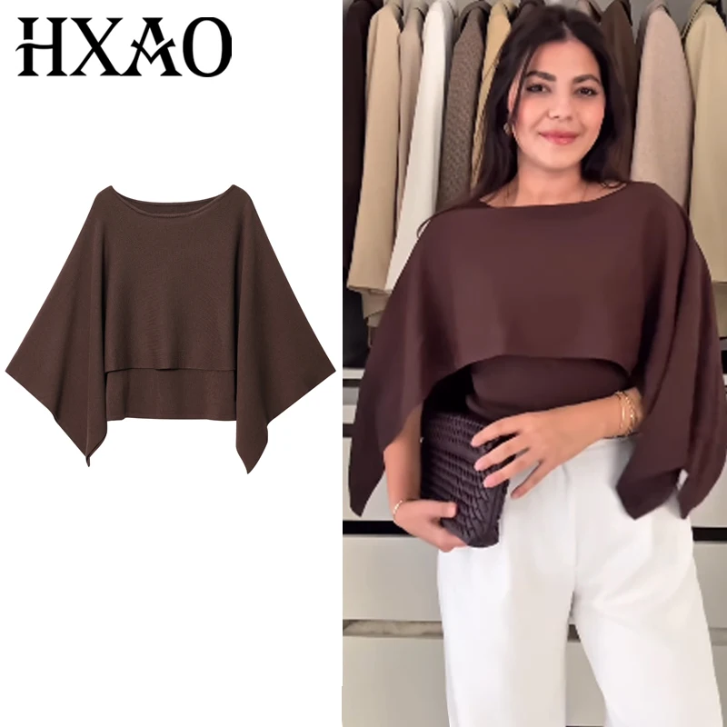 

HXAO женский свитер, осенний плащ, многослойный пуловер, трикотаж большого размера, корейский модный коричневый пончо больших размеров, джерси, красивые свитера