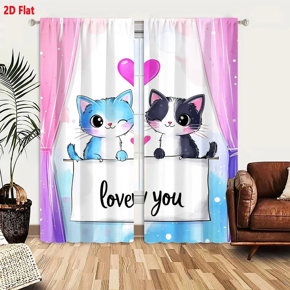 2Pcs Curtains 2D Flat Adorable Cartoon Kittens Holding Love You Banner With Pink Hearts And Pastel Background Window Drapes for
