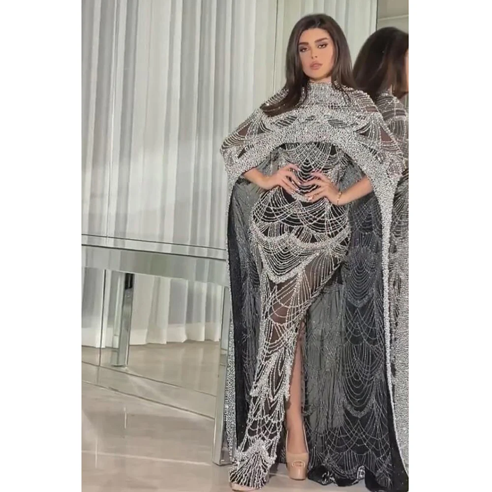 New Arabic Women Floor length Mermaid Wedding Party Prom Dress Luxury Pearls Dubai Champagne Evening Dresses with Cape Sleeves