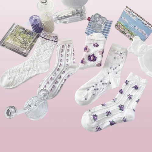 Chaussettes rétro à petites fleurs pour femmes, mi-tube, dentelle, style coréen, chaussettes carillons respirantes, été, nouveau, 2024 paires, 5/10