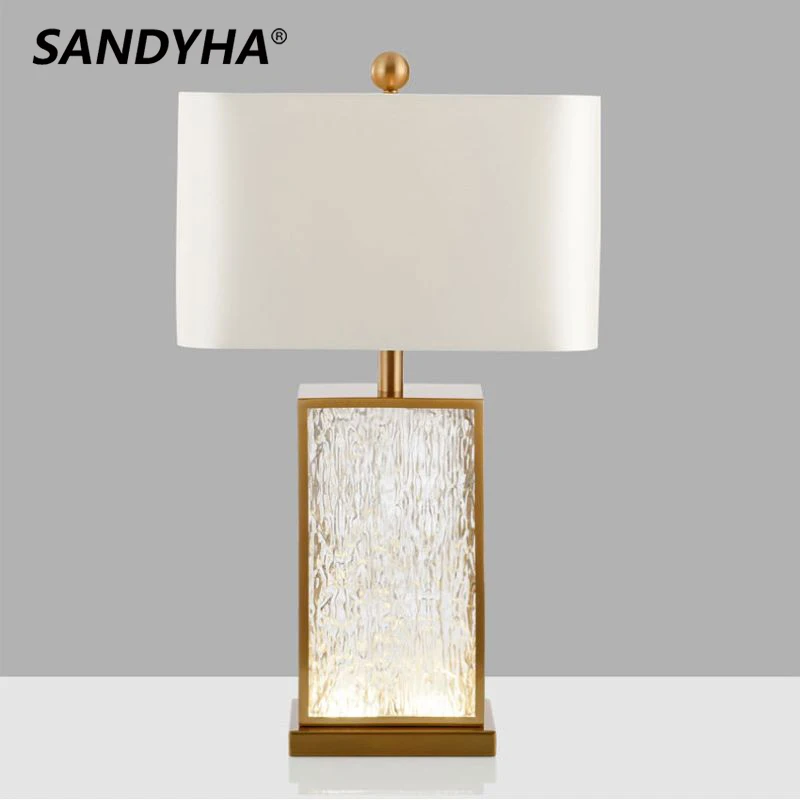 SANDYHA Modern Minimalist Gold Frame Corrugated Glass LED Table Lamp Stylish Elegant Bedroom Study Living Room Home Decor Accent