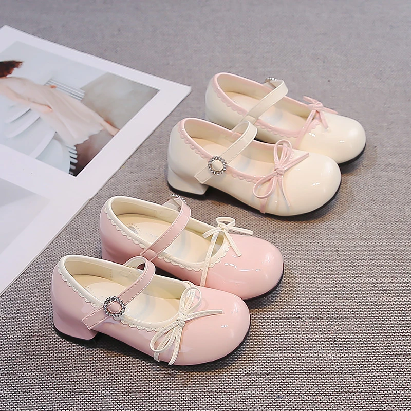 Mumoresip Girls Dance Shoes Sweet Bows Kids Leather Shoes High Heels Round Toes 2026 Brand New Children Princess Shoes Non-slip