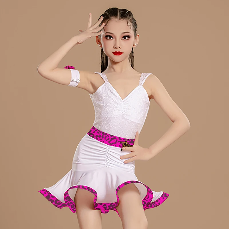 Kinderen Meisjes Witte Rozenprint Latin Danskostuum Backless Kanten Romper en Swing Rokken Ballroom Danskleding Kinderen Trainingsset