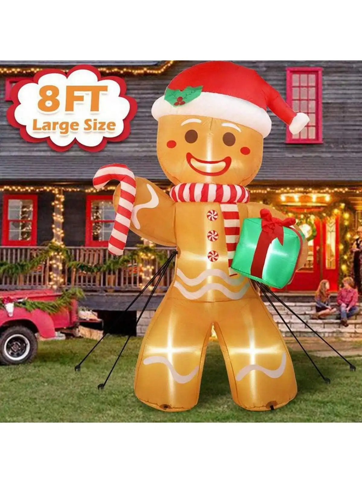 Cute Gingerbread Man Blow up Christmas Yard Decoration Outdoor Indoor Home Lawn Garden Decor Festive Inflatable Holiday Decor