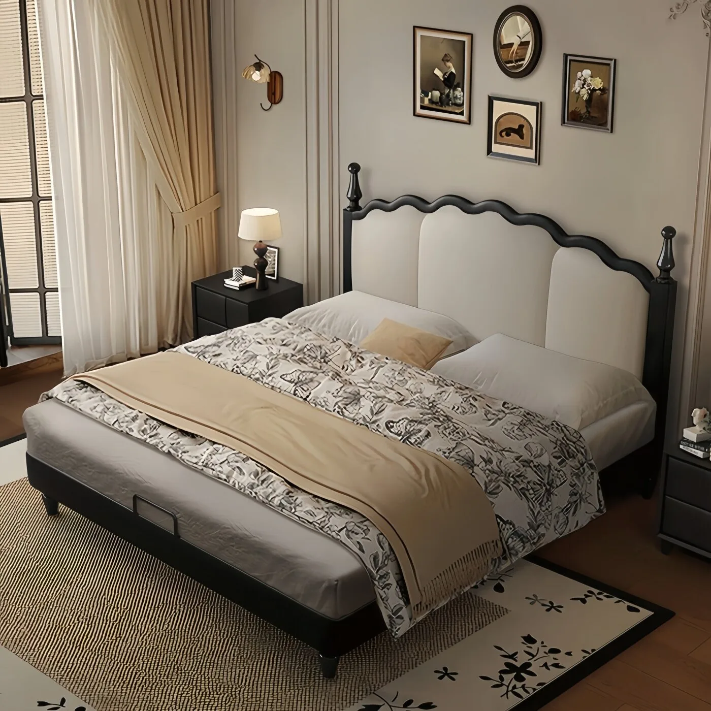 #Modern Luxury Wavy Headboard BedFrame Upholstered King Size Bed French Style Scalloped Wood Frame Double Bed for Master Bedroom