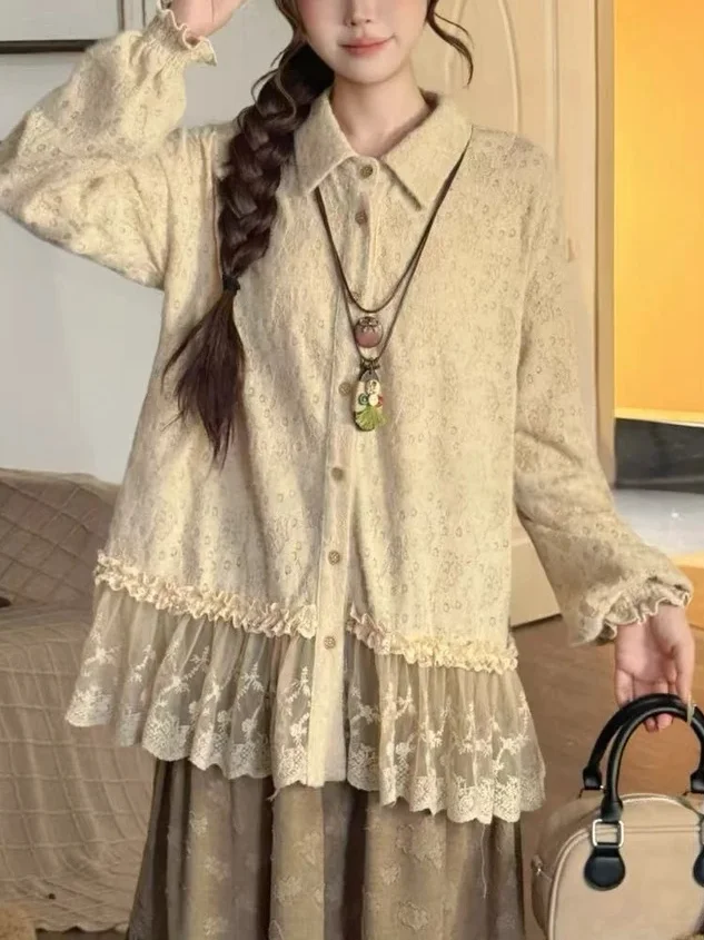 

plus Size Women's Lace Patchwork Long Sve irt Stand Collar Spring New Sle French Sle Loose Fit Slimming Effect Flora...