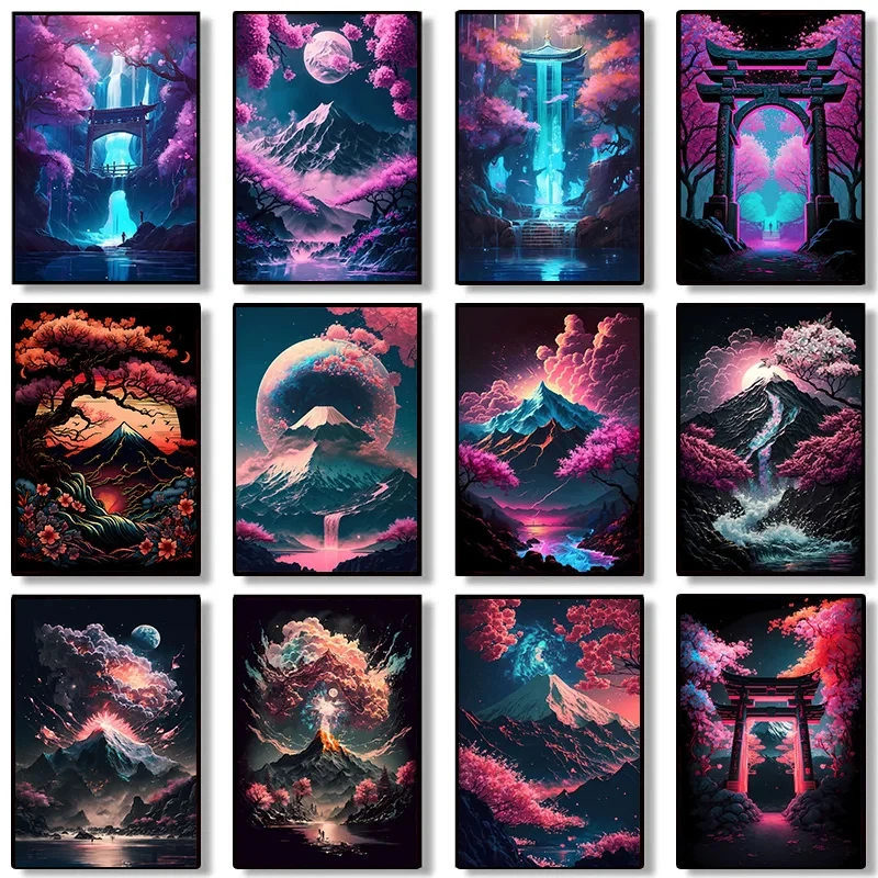 Japanese Nature Neon Art Posters And Prints Canvas Japan Landscape Wall Decorative Painting For Living Room Home Decor Pictures
