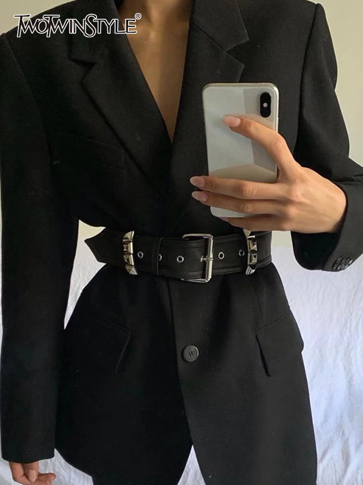 

TWOTWINSTYLE Solid Temperament Spliced Belt Blazer For Women Notched Collar Long Sleeve Patchwork Button Elegant Blazers Female