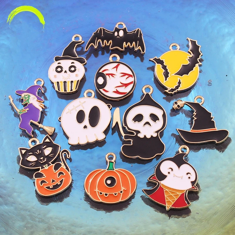 Halloween Charms for Bracelets Necklace Accessories 10pcs Kawaii Halloween Pumpkin Ghost Witch Black Bat Enamel Metal Pendants