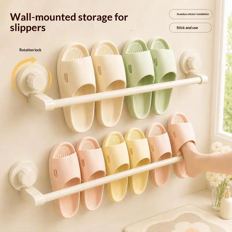 Wall Mounted Slipper Storage Rack With No Drill Installation And Strong Suction Perfect For Bathroom Entryway Home Organization