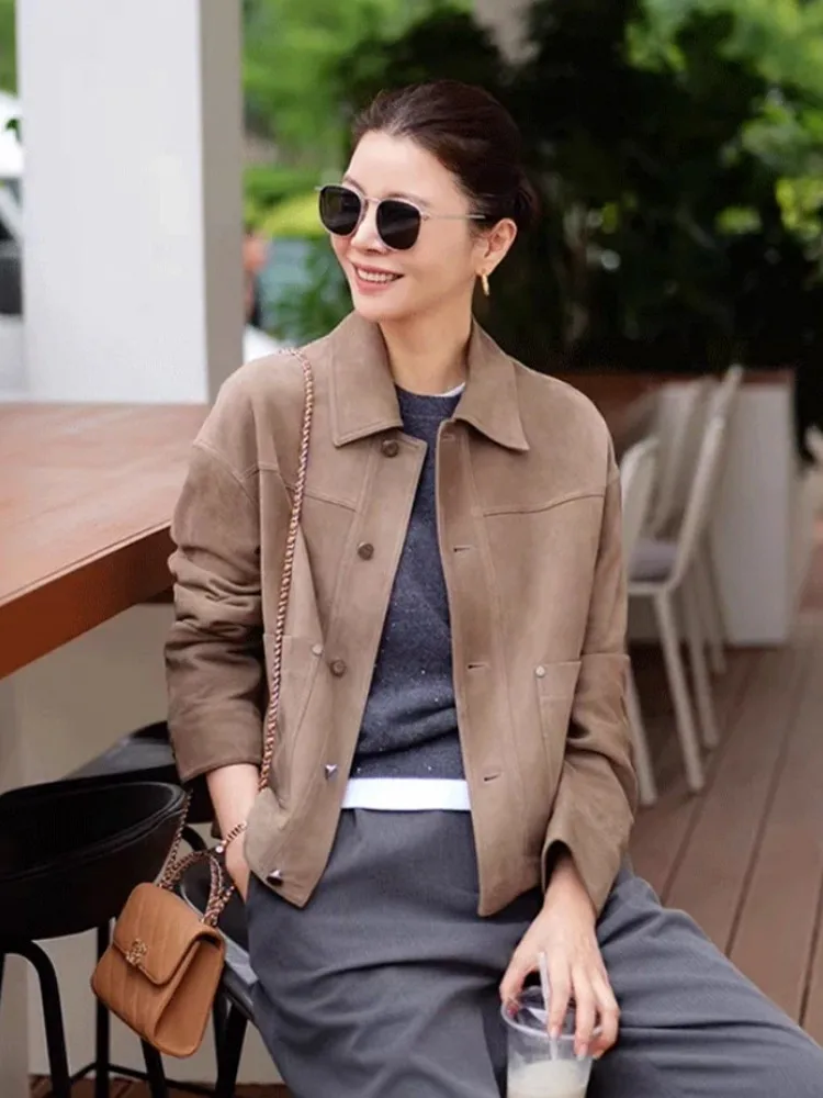 High Quality Women Slim Fit Single Breasted Real Suede Leather Jacket Office Ladies Autumn Work Outwear Coat Vintage Jacket Tops