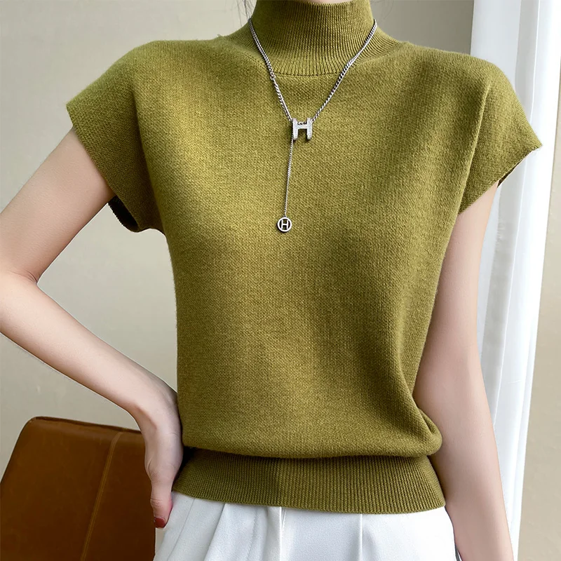 

Merino Wool Knitted T-shirt Women's Summer 2023 New Half Height Pullover Short Sleeve Vest Fashion Basic Solid Color Women's Top