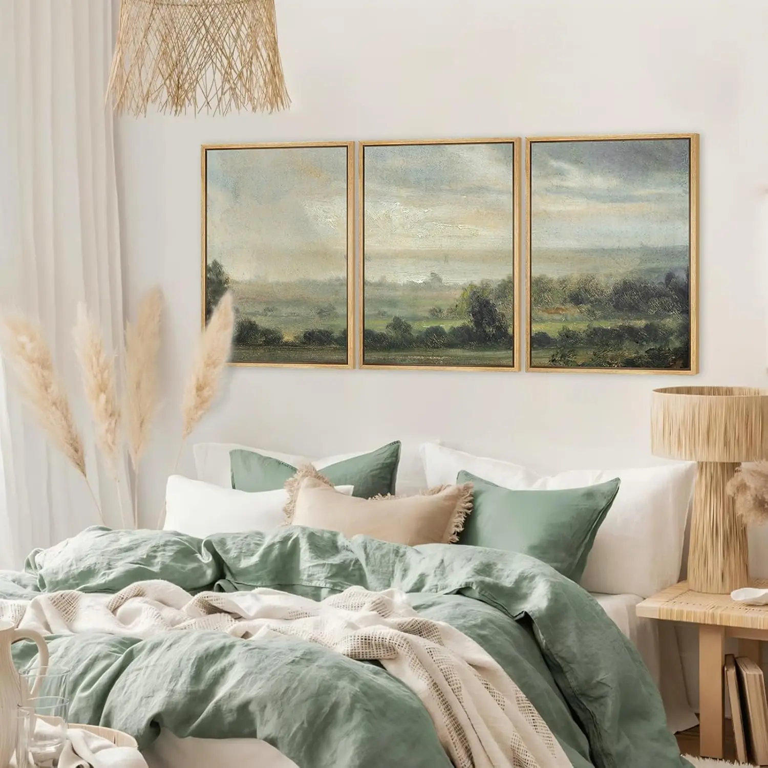 Canvas Wall Art Set of 3 Retro Sunset Landscape Green Forest Canvas Poster , Modern Living Room, Office and Home Decor Prints