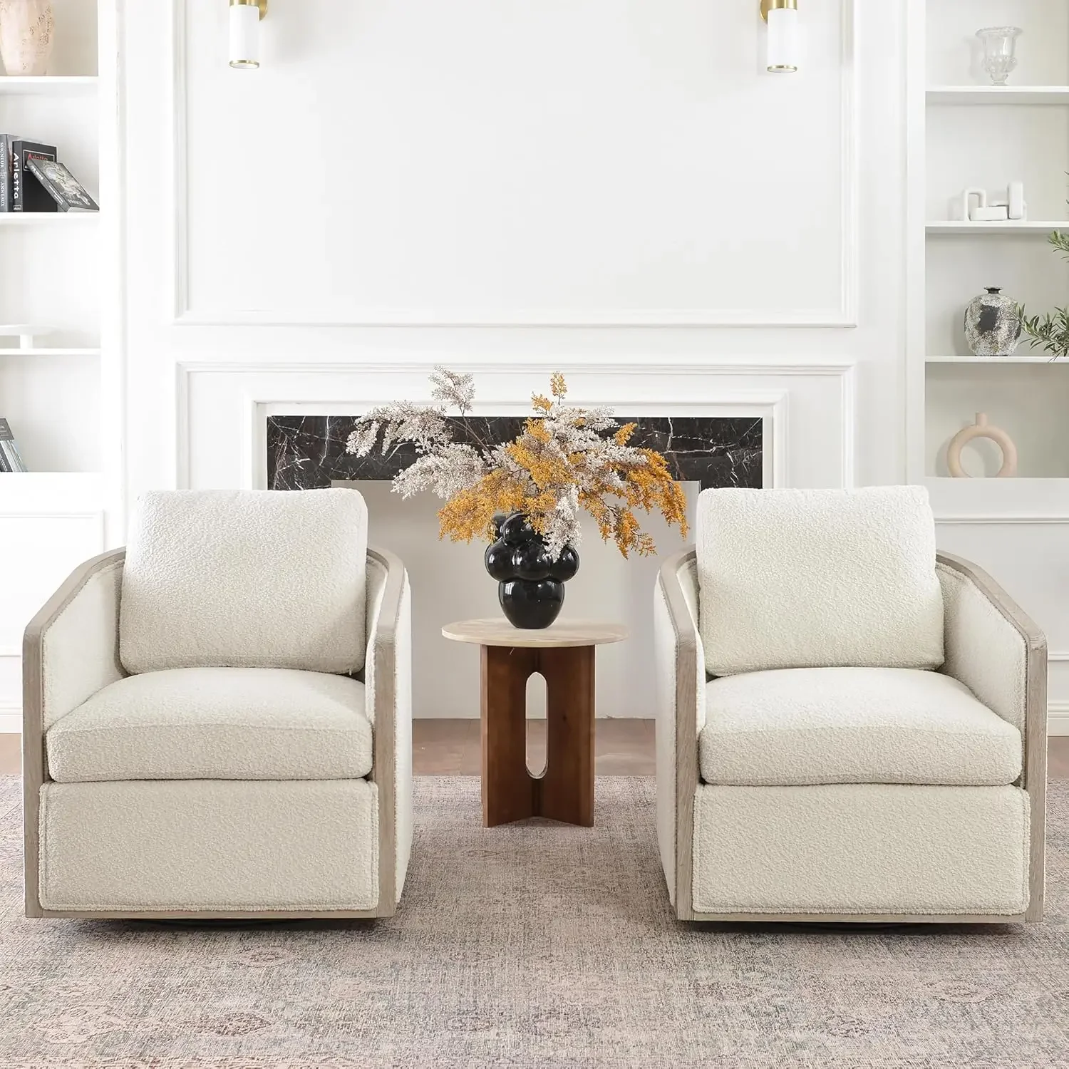 

Cream White Boucle Swivel Barrel Armchair Set Of 2 Wood Frame Mid Century Upholstered Pillow Back Accent Chair For Living Room L