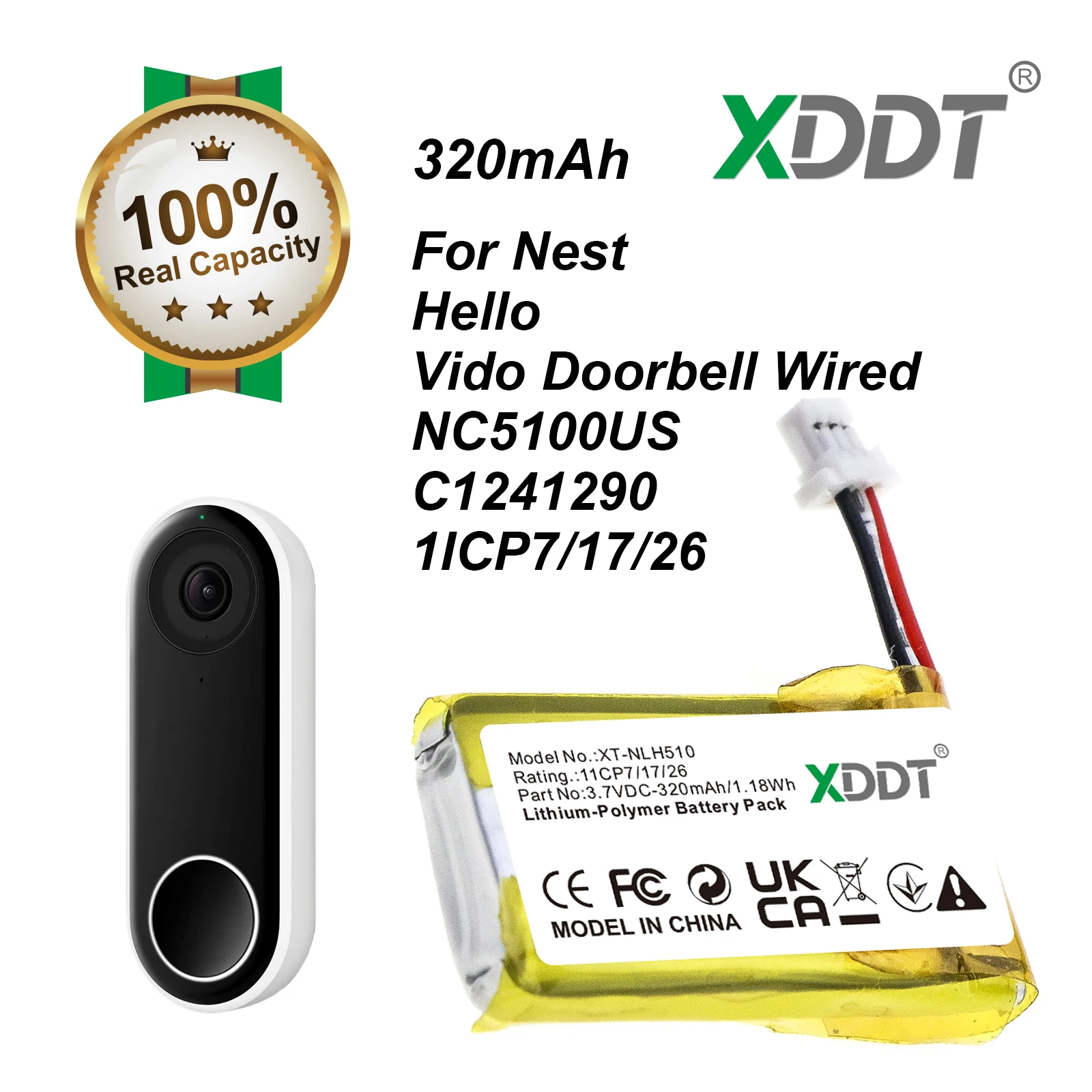 3.7V 320mAh Home Security Camera Battery 1ICP7/17/26 for Nest Hello, NC5100US, C1241290, Vido Doorbell Wired +TOOL