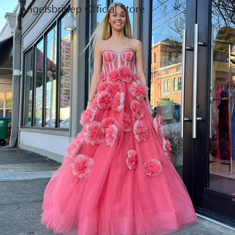 

Angelsbridep Fuchsia Tulle Prom Dresses 2023 Sweetheart A-Line Party Gown Formal Event Dresses Handmade Flowers Robes De Soirée