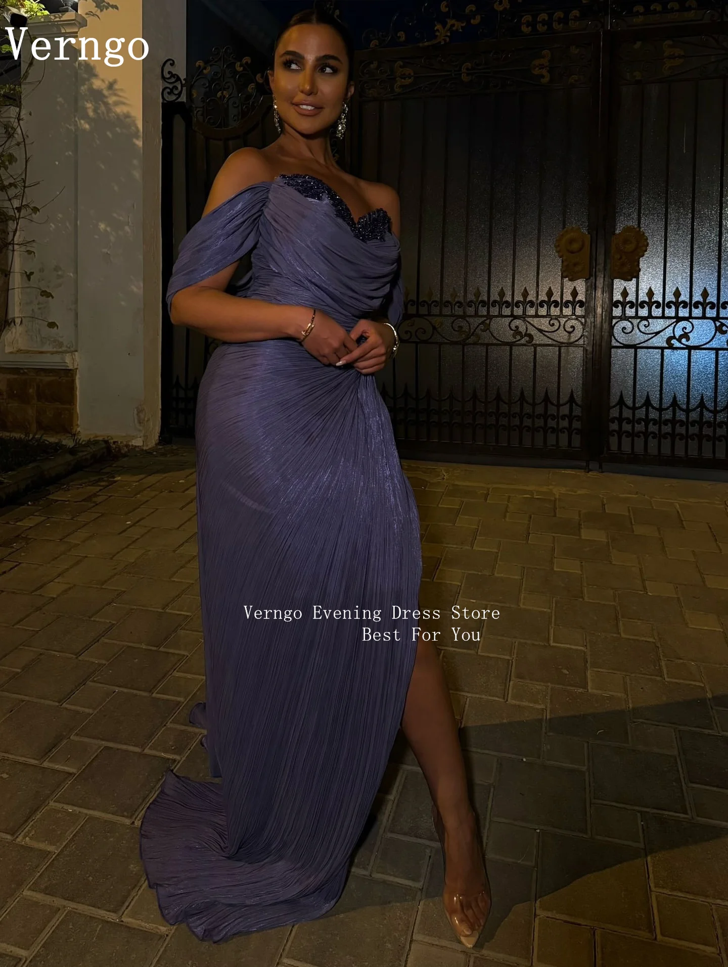 Verngo Purple Silk Shiny Evening Dress Off The Shoulder Mermaid Side Slit Prom Gowns Women Formal Occasion Dress Customized