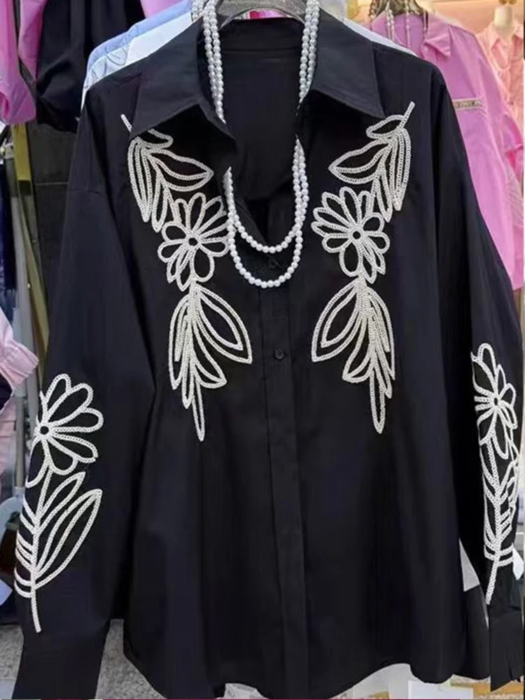 

Design sense Single-breasted long-sleeved Joker blouse Spring 2025 new heavy industry embroidery advanced lapel temperament shir