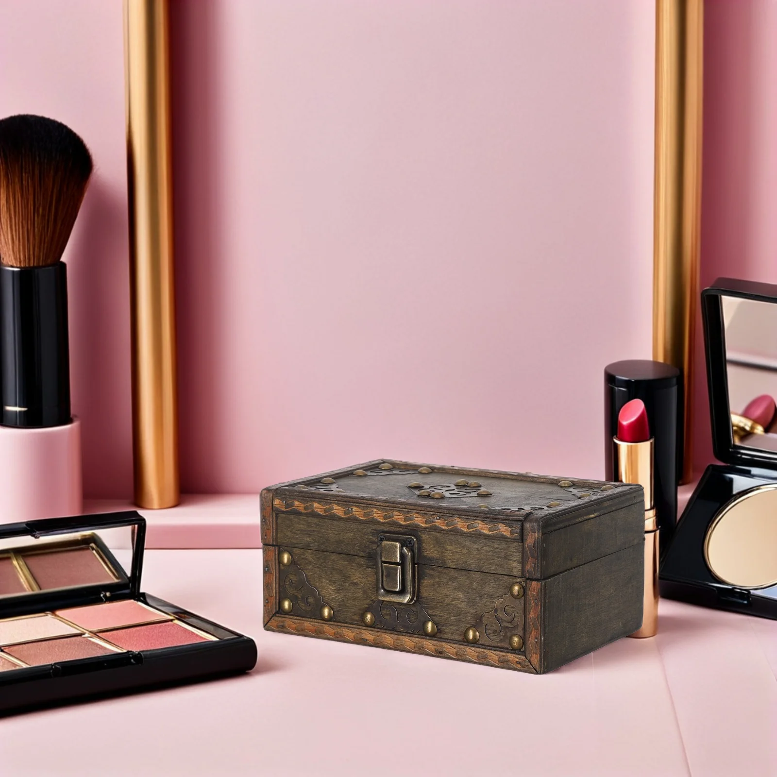 

Vintage Wooden Treasure Chest Retro Organizer Decorative Jewelry Storage Box Rings Keepsakes Pirate Theme Trinket Container