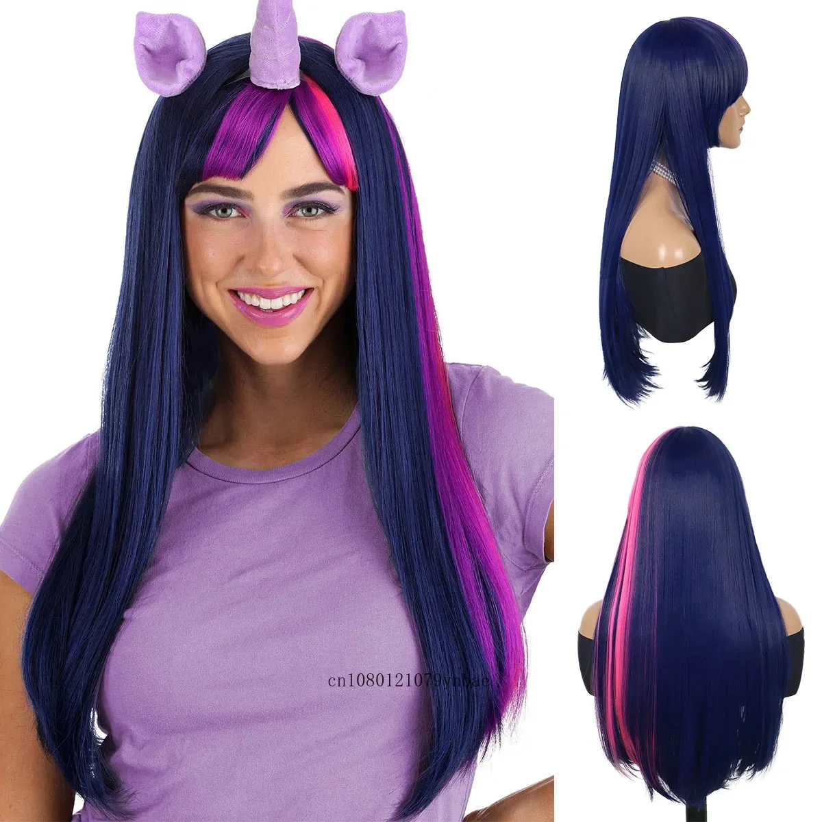 

Twilight Sparkle Cosplay Wigs Synthetic Mixed Deep Blue Pink Purple Long Straight Wig with Bangs for Women Halloween Anime Party