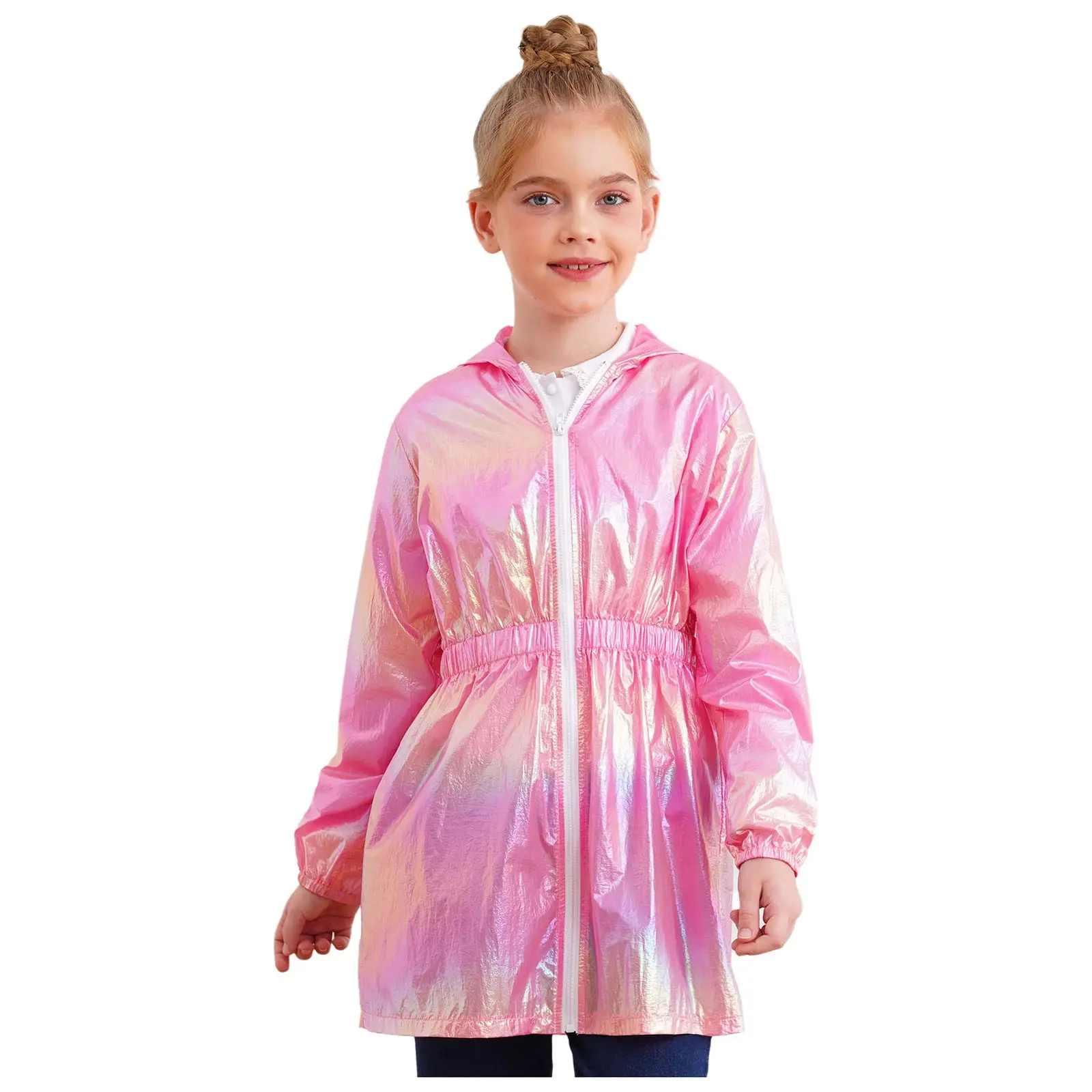 

Kids Girls Shiny Hooded Windbreaker Long Sleeve Elastic Waist Zipper Jacket Lightweight Outerwear for Kids Outdoor 6-16 Years