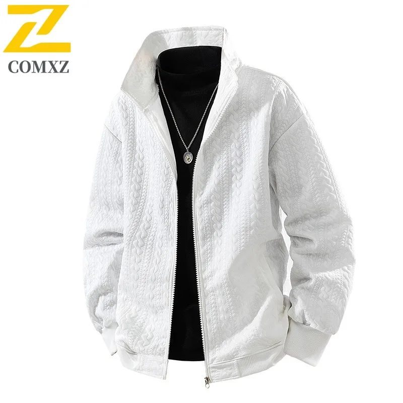

Men Autumn Jacquard Texture Knitted Cardigan Zip Up Jacket Double Stitch Wave Pattern Warm Comfortable Unique Design Outerwear