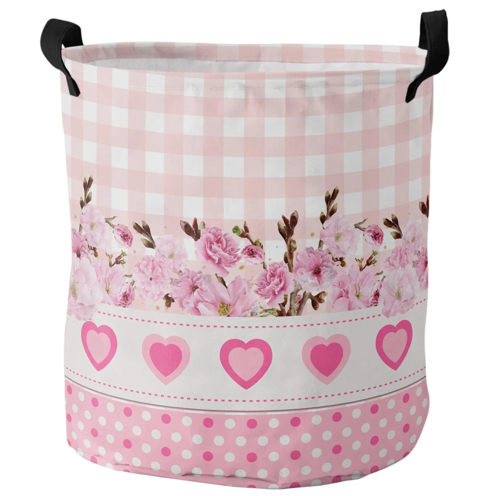 Love Flower Pink Plaid Foldable Laundry Basket Kid Toy Storage Basket Waterproof Laundry Room Dirty Clothing Organizer