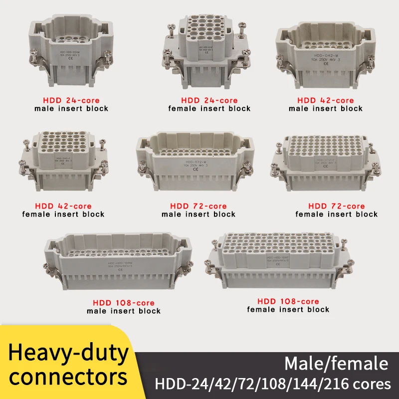 Rectangular heavy duty connector HDC HDD  24 42 72 Core Pin 16A Waterproof Aviation Plug female male  Top Side Line Connector