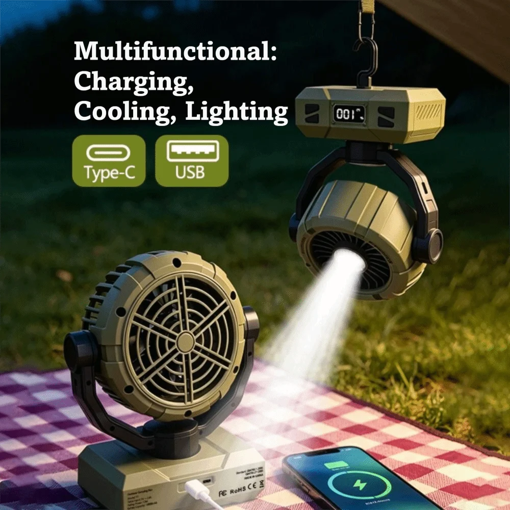 Quiet Fan Portable Camping Fan Multi-Functional Rechargeable Desk Fan LED Night Light Auto Oscillating Table Fan Outdoor Use