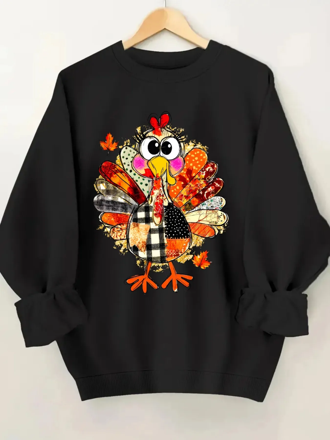 Women's Crew Neck Pullover Sweatshirt Patchwork Turkey Print Design, Soft Casual Long Sleeve, Daily Casual Top Outfit, Winter Women's Clothing, Thanksgiving Outfit
