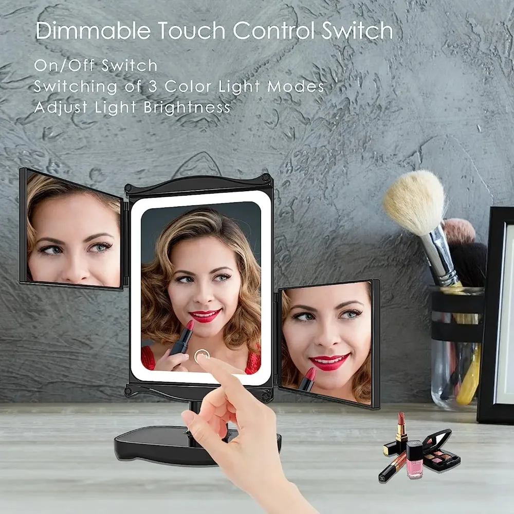 Miroir de maquillage éclairé avec lumières à intensité variable, miroir cosmétique de vanité LED à trois volets grossissant 3x/2x/1x, commande tactile 90 °   Rotation