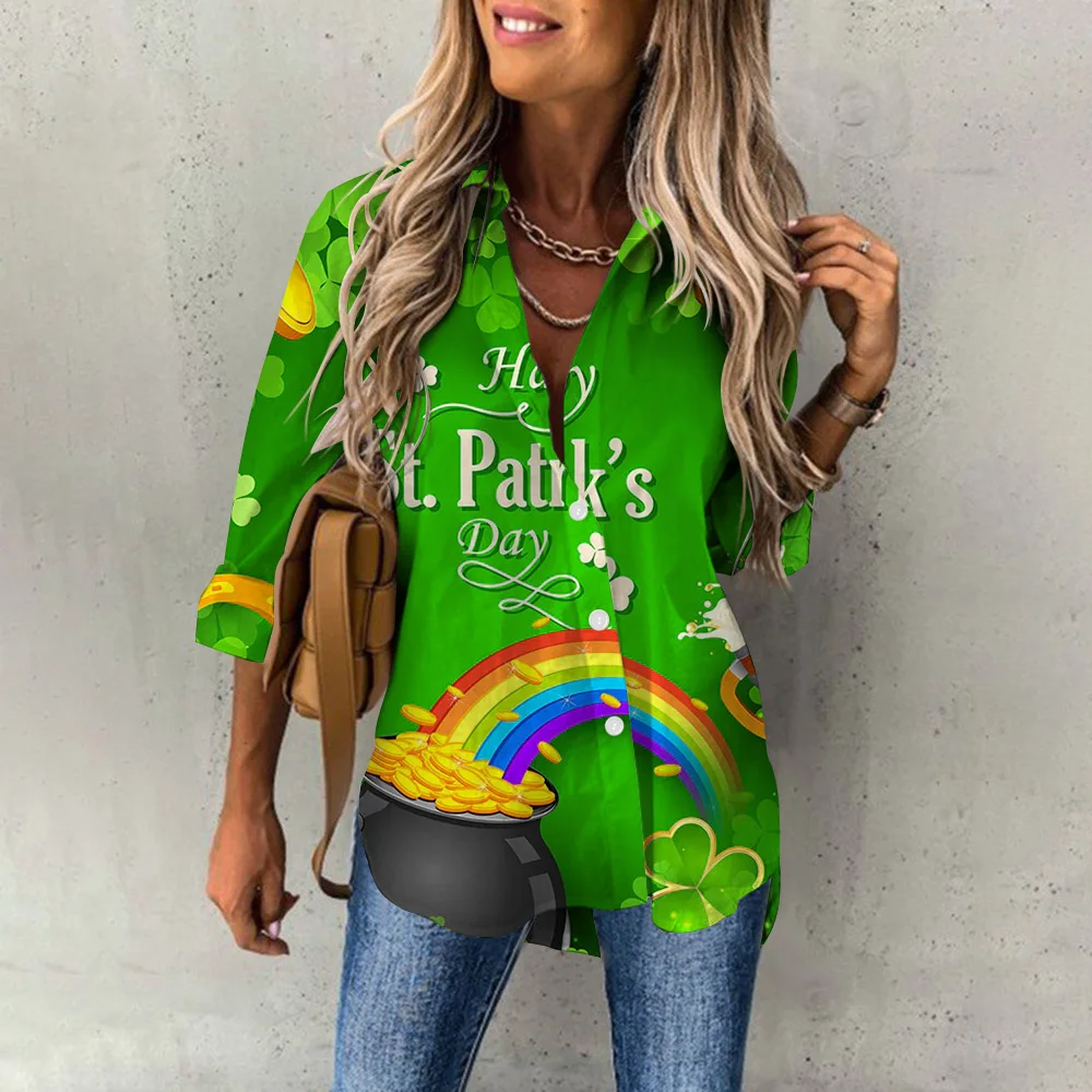 

Elegant Shirts Women Casual Blouse 3d Clover Printed St. Patrick's Day Fashion Streetwear Long Sleeve Button Lapel Blouses Shirt