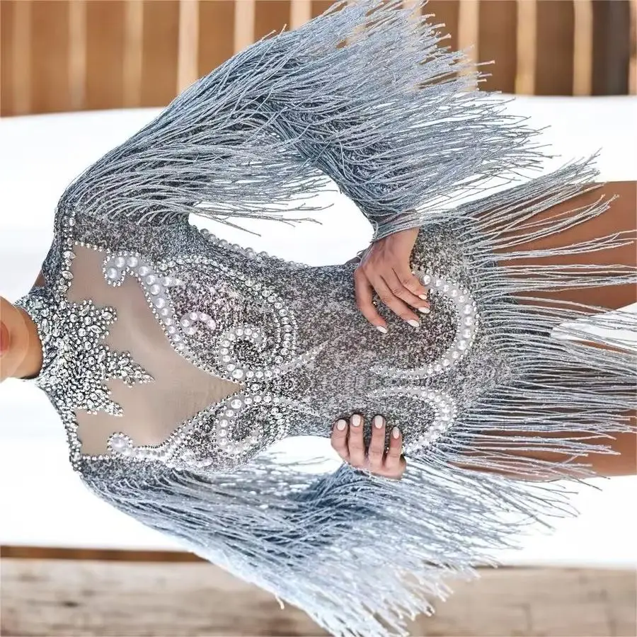 Dancewear Stage Performance Rhinestone Bodysuits Sexy Long Sleeves Tassel Pearls One Piece Short Jumpsuit Stripper Outfits