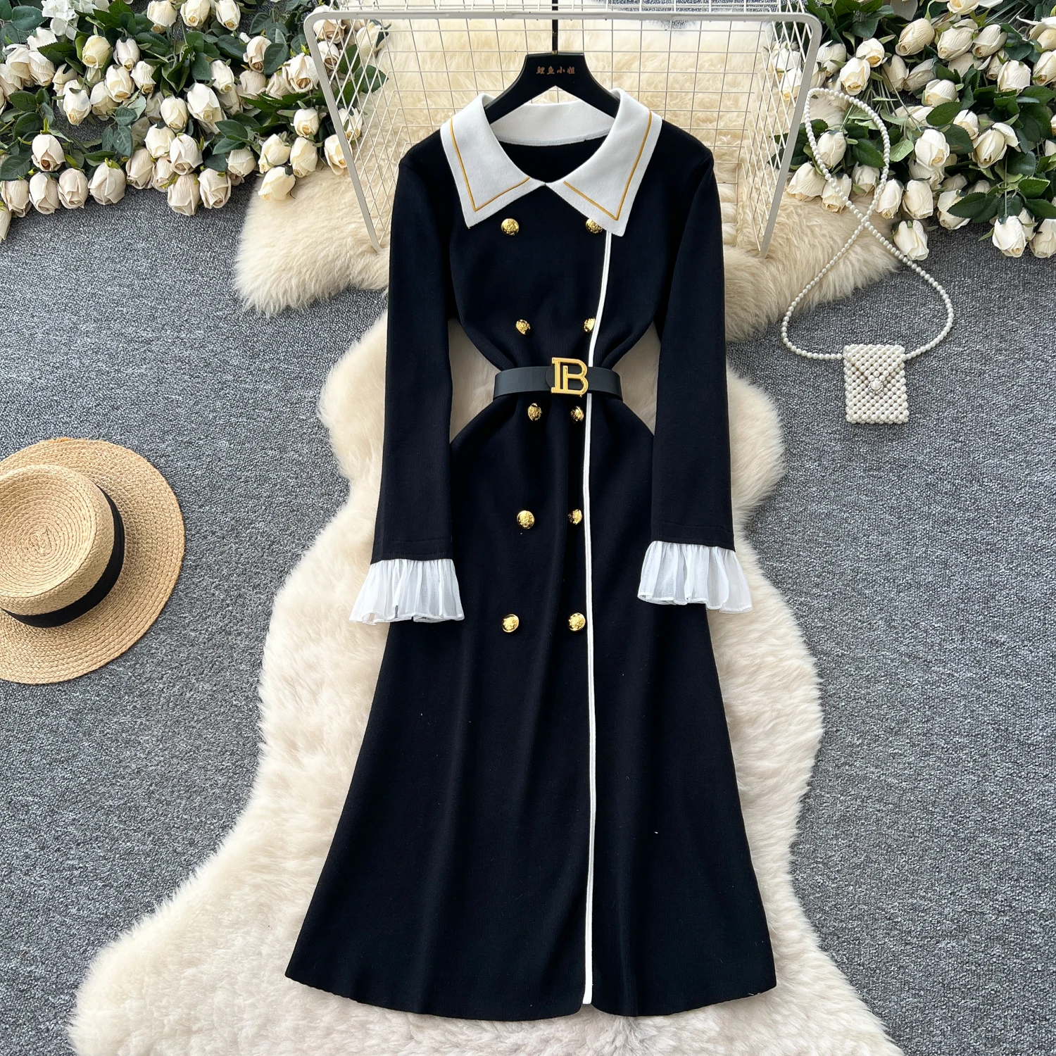 Autumn Small Fragrance Wind Lapel Black Knitted Dress Women's Retro Lapel Color Blocking Double-breasted Sweater Midi Dress