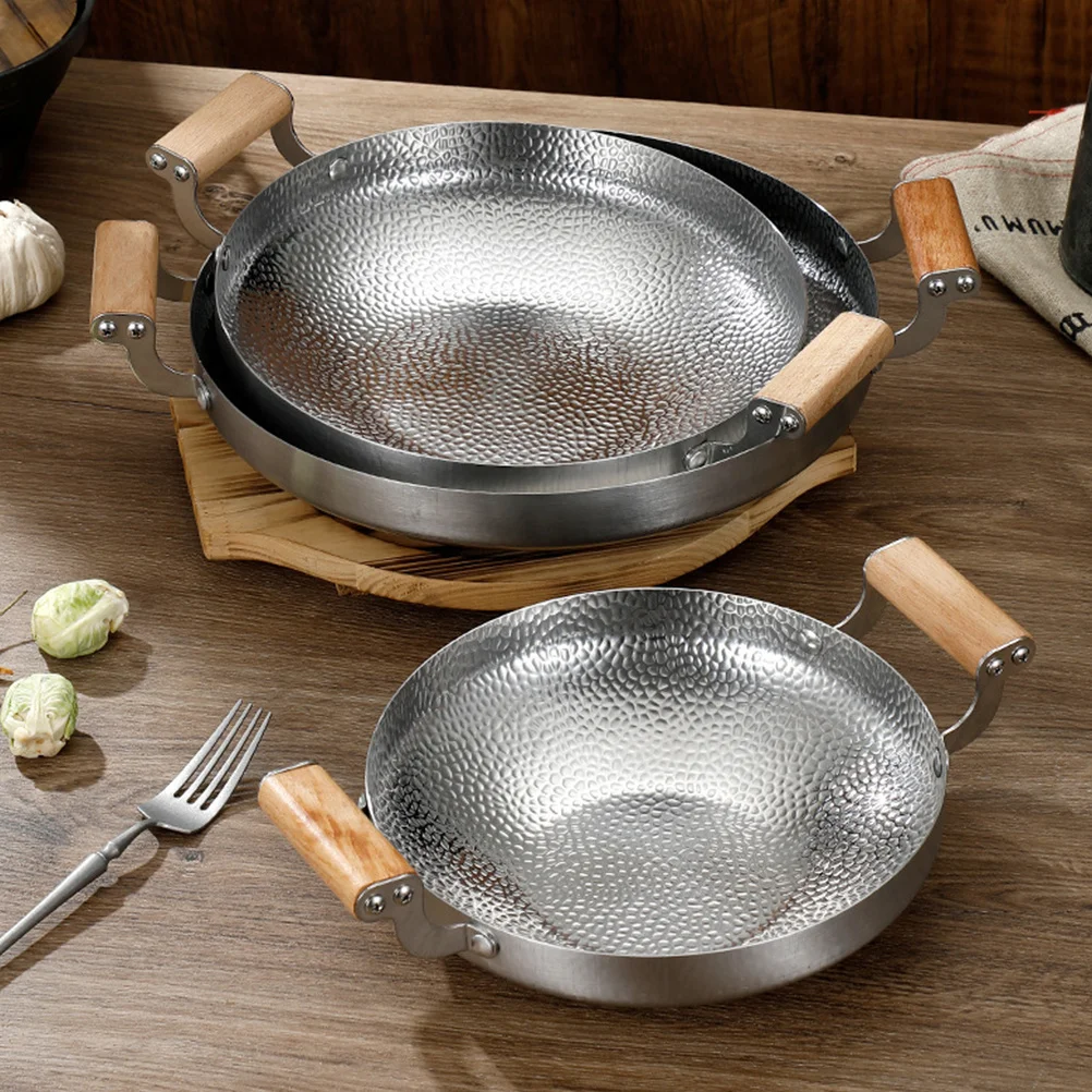 

Stainless Steel Saucepan Wok Grilling Wok Griddle Fry Pan Flat Bottom Wood Handle Cooking Pan Household Kitchenware