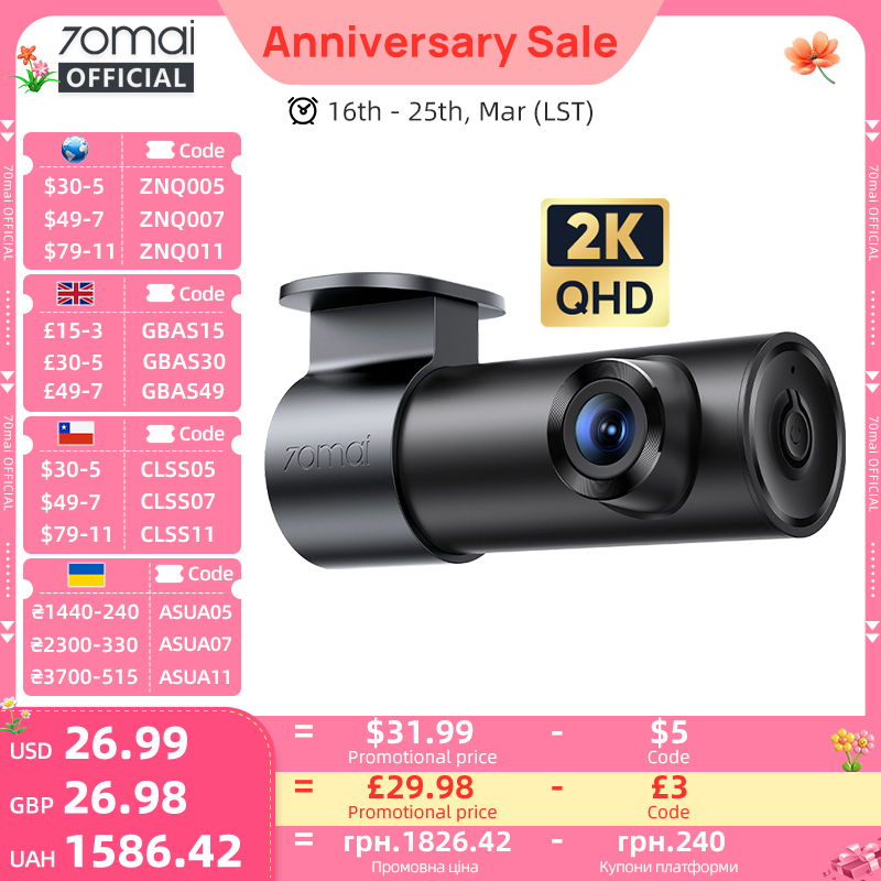  70mai Dash Cam M310 Plus 2K 1440P 143°FOV F1.55 Smart Voice Control 24H Parking Guard Night Vision 70mai M310 Plus 2K Car DVR 