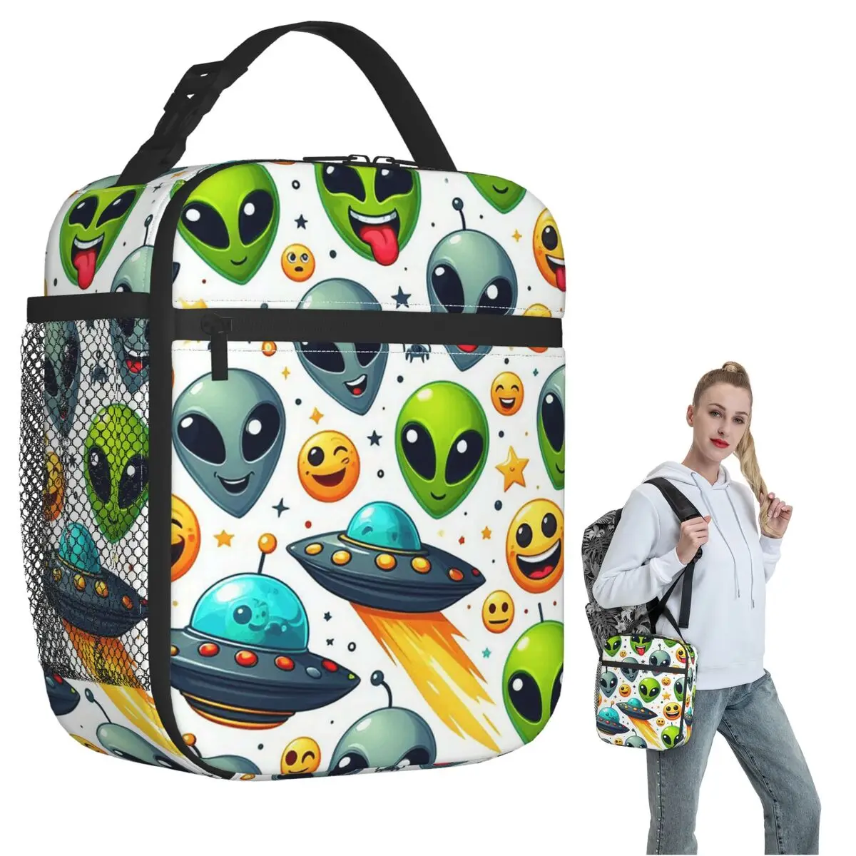 Green Alien And UFO Pattern Insulated Lunch Bag for Women Children Leakproof Food Boxes Thermal Lunch Box Tote