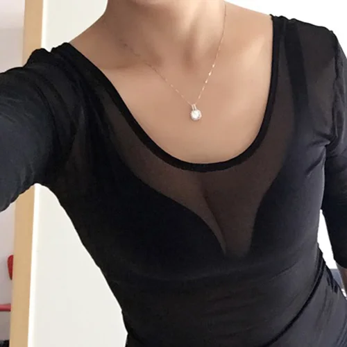 New Black Transparent Lace Ultra-Thin Long Sleeve Base Shirt Women's Inner Wear T-Shirt Sexy Netting Design Commute Style