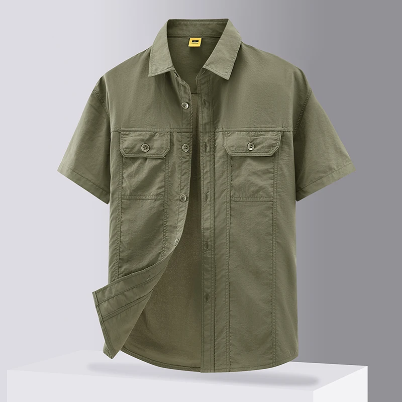 [USA Size] 100% Nylon For 2025 Summer Fashion Tops Blouses Mens Short Sleeves Oversize 5XL Cargo Military Shirts Casual Clothes