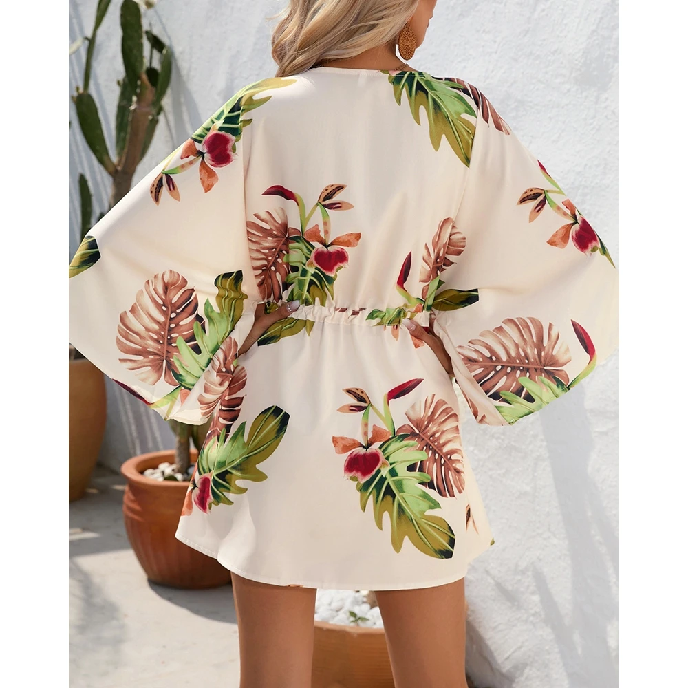 Casual Tropical Print Summer Dress Women V-Neck Buttoned Design Slim Waist Lace-Up Batwing Sleeve Boho Style Beach Dress Vestido